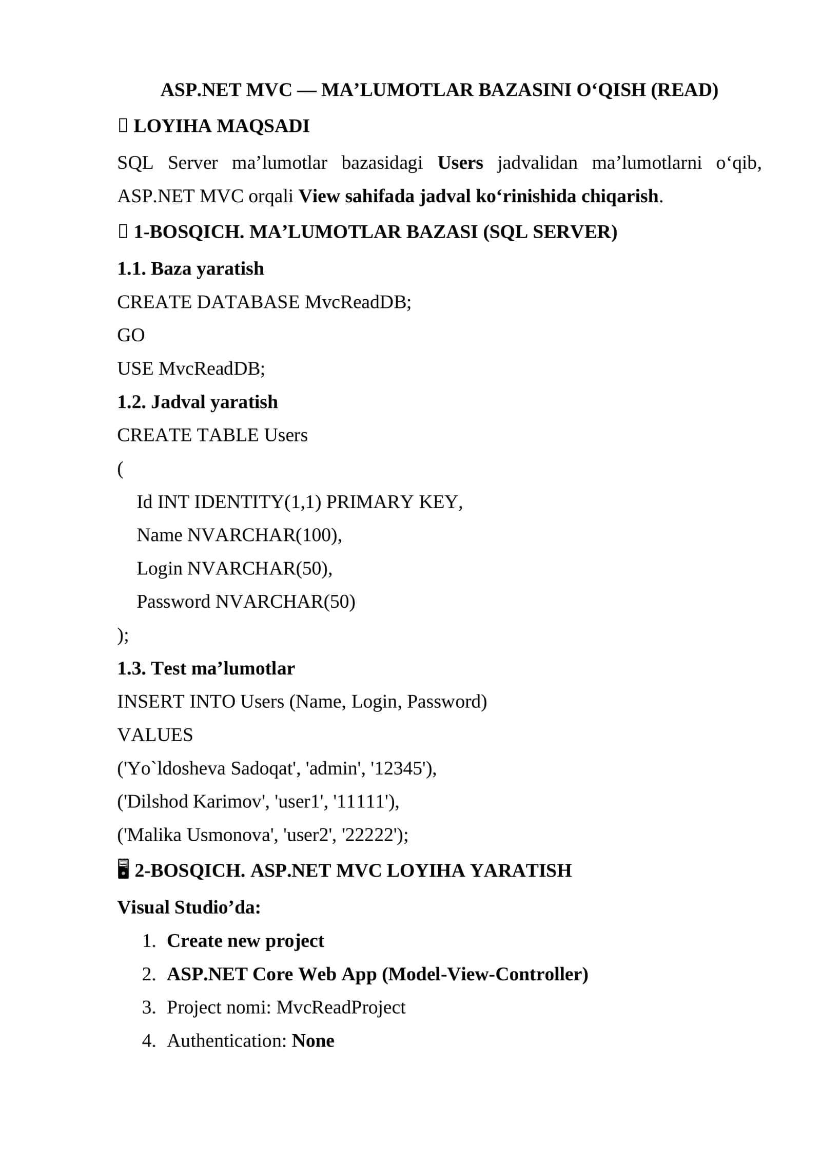 ASP.NET MVC — MA’LUMOTLAR BAZASINI O‘QISH (READ) 1