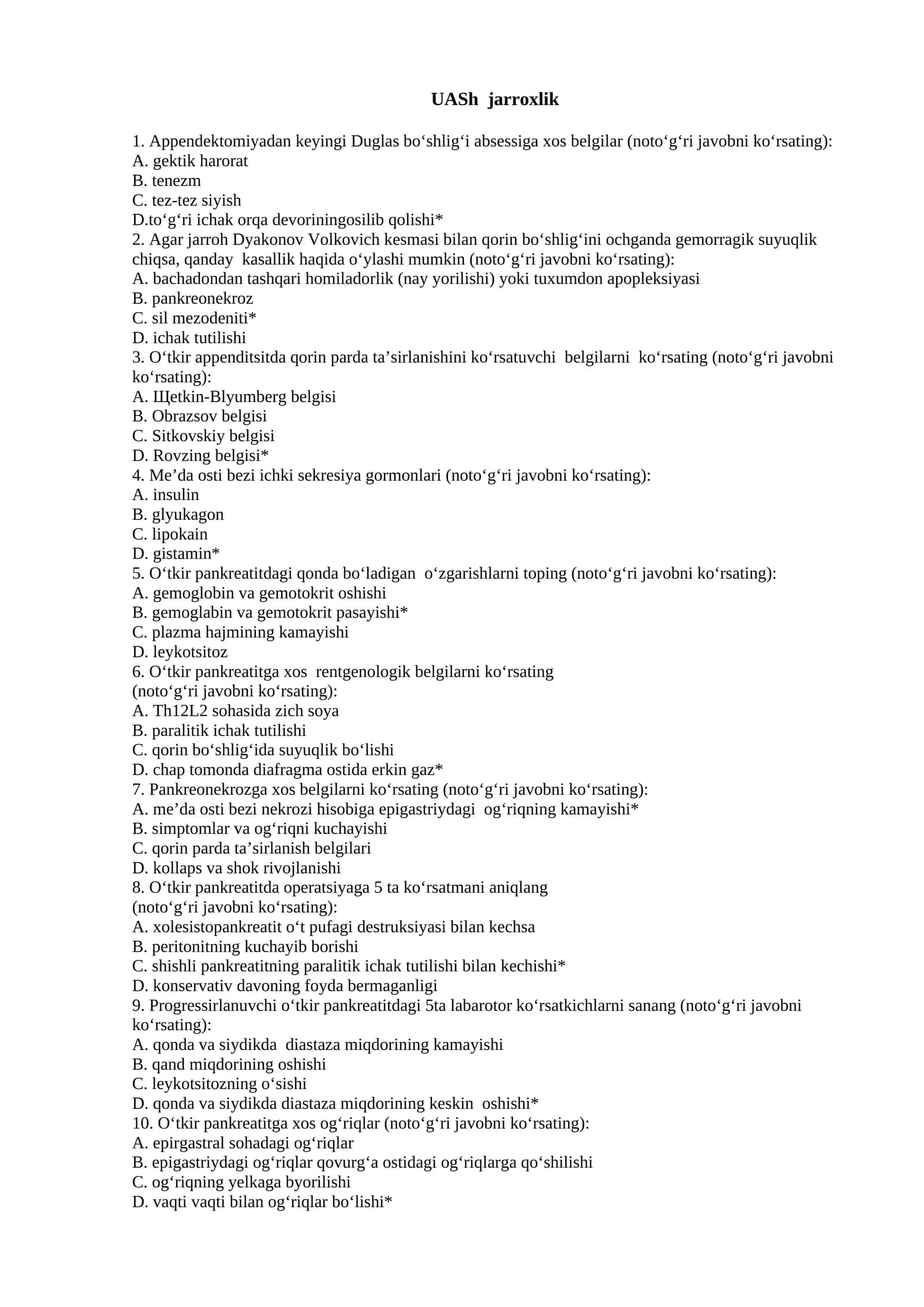 UASh jarroxlik TESTLARI 2026 YIL 1