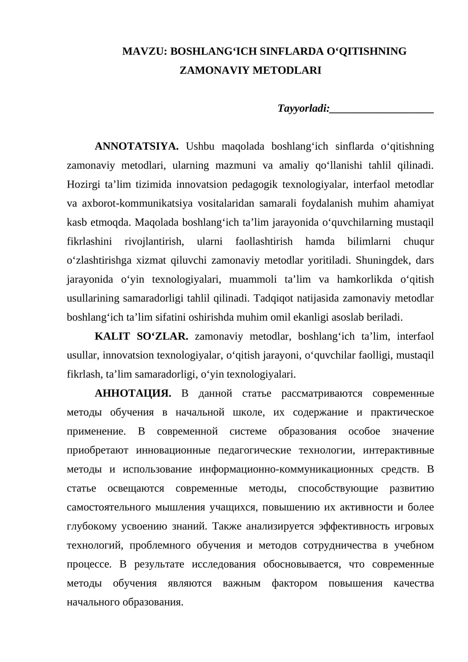 BOSHLANGʻICH SINFLARDA O‘QITISHNING ZAMONAVIY METODLARI 1