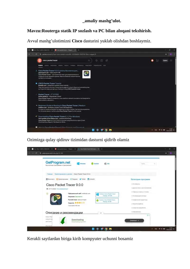 Routerga statik IP sozlash va PC bilan aloqani tekshirish 1
