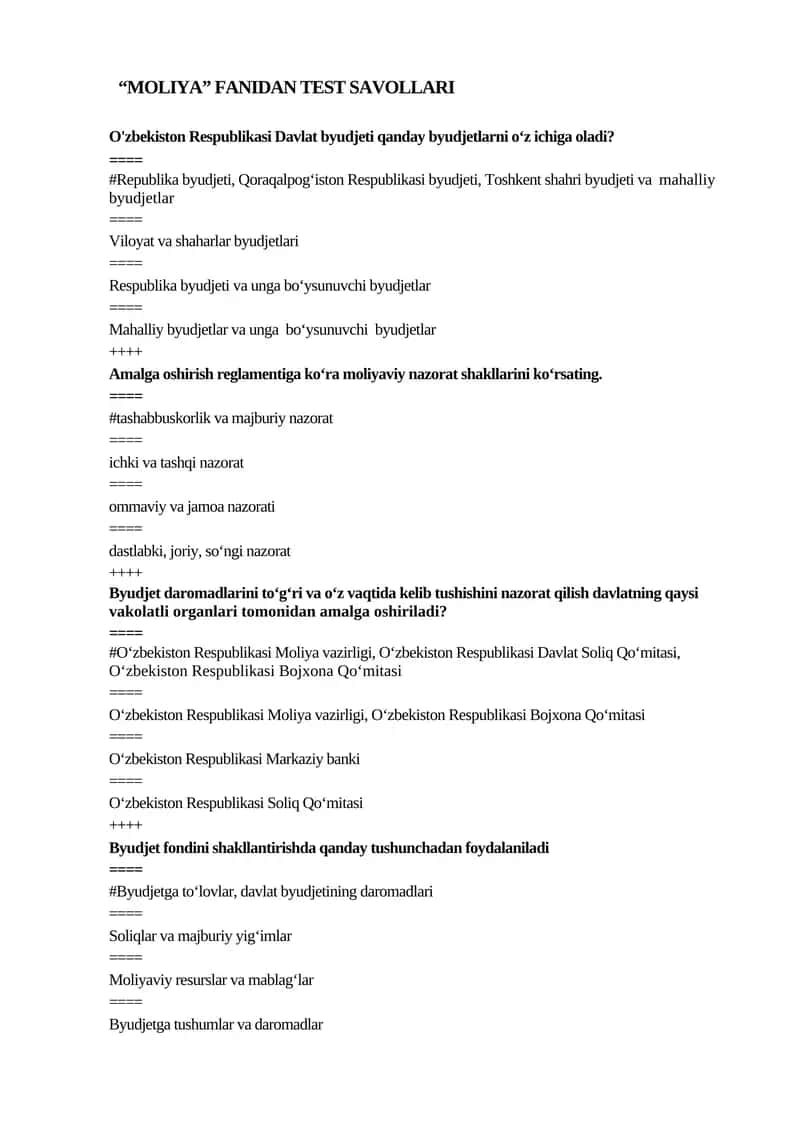 "MOLIYA" FANIDAN TEST SAVOLLARI 1