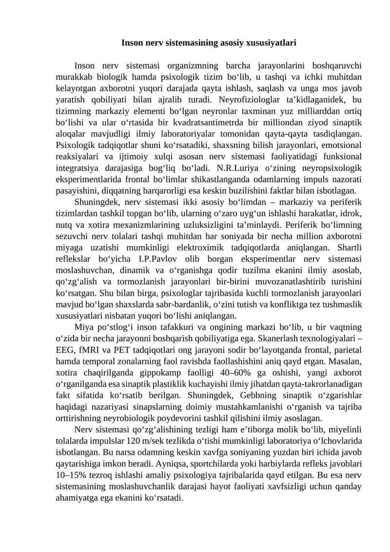 Inson nerv sistemasining asosiy xususiyatlari 1