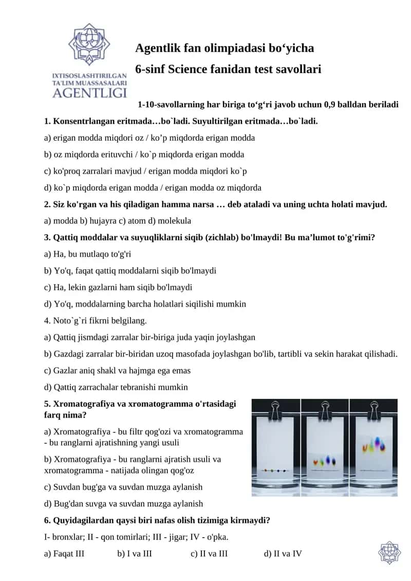 6-sinf Science fanidan test savollari 1