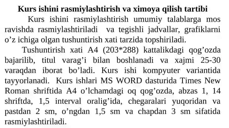 Kurs ishini rasmiylashtirish va ximoyaqilish tartibi