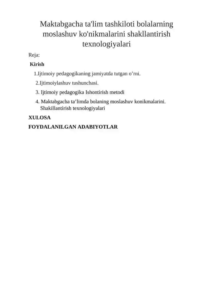 Maktabgacha ta'lim tashkiloti bolalarning moslashuv ko'nikmalarini shakllantirish texnologiyalari