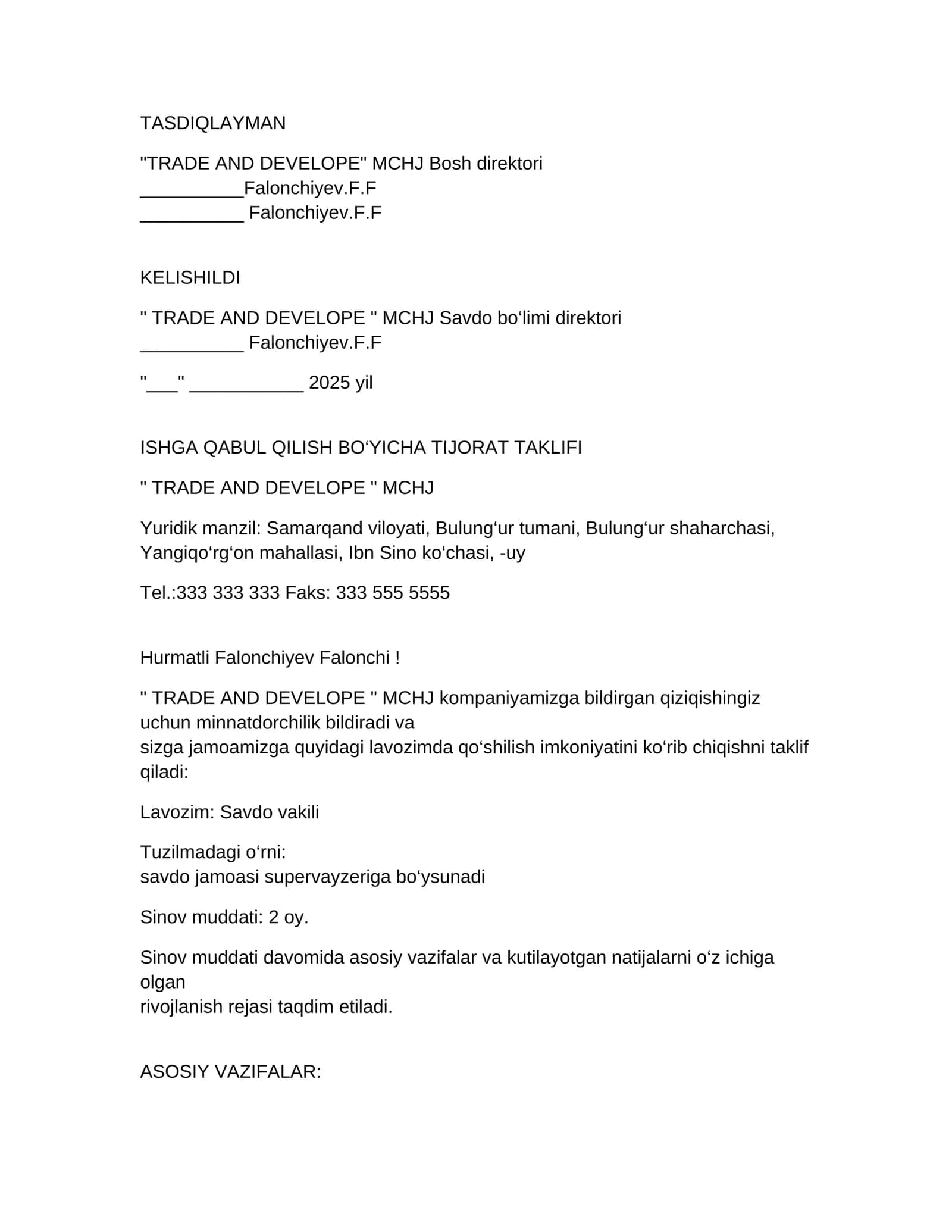 Savdo vakili uchun job offer(ishga taklif) o'zbek tilida 1