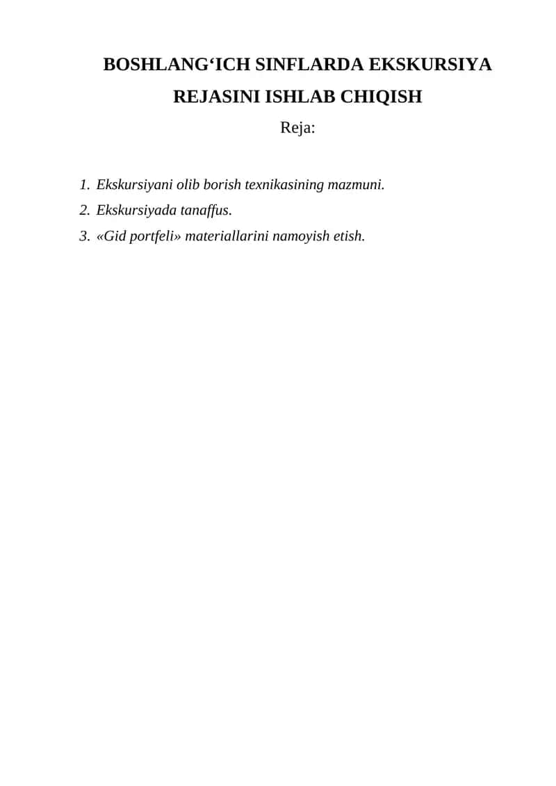 BOSHLANG‘ICH SINFLARDA EKSKURSIYA REJASINI ISHLAB CHIQISH 1