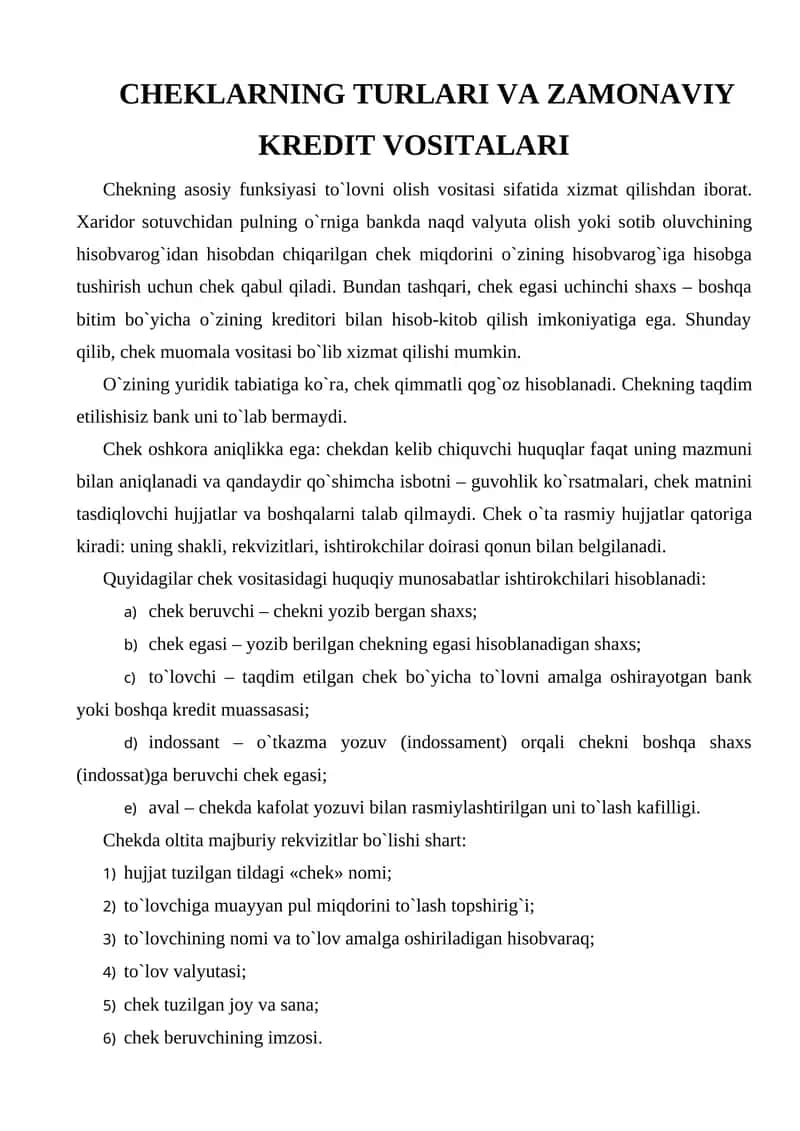 CHEKLARNING TURLARI VA ZAMONAVIY KREDIT VOSITALARI 1