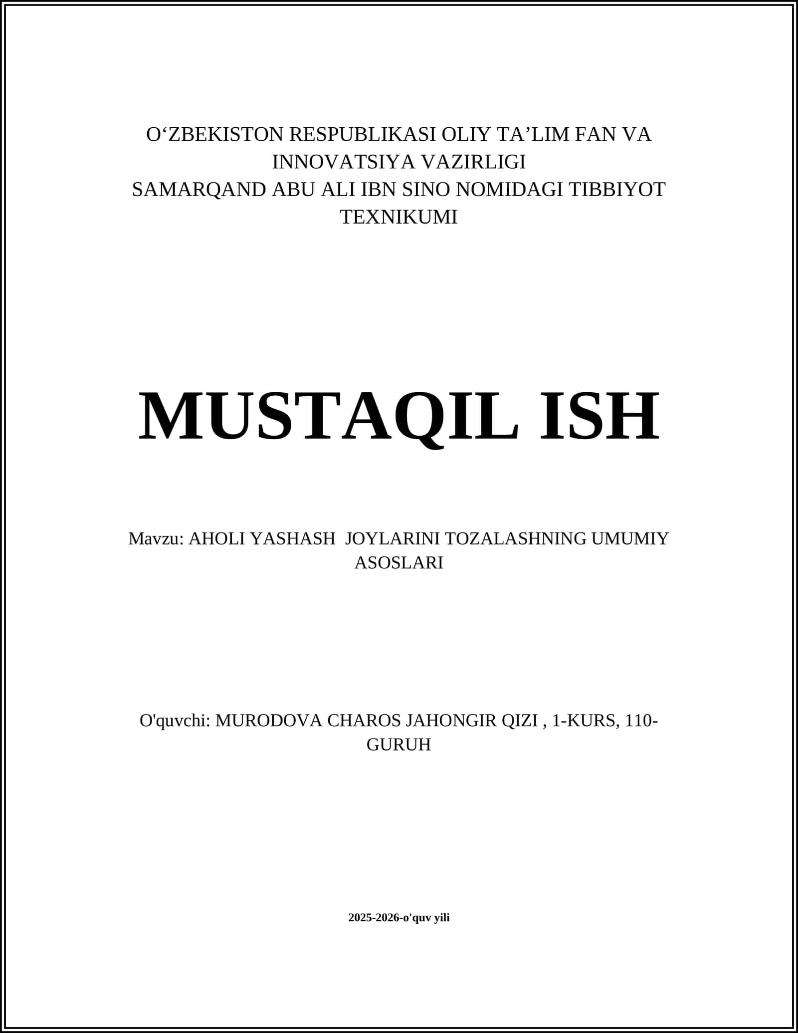 AHOLI YASHASH JOYLARINI TOZALASHNING UMUMIY ASOSLARI 1