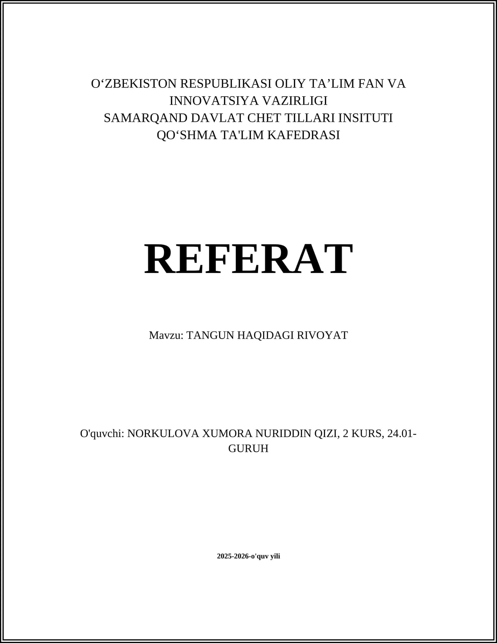 TANGUN HAQIDAGI RIVOYAT 1