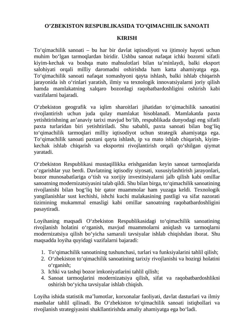 O’ZBEKISTON RESPUBLIKASIDA TO‘QIMACHILIK SANOATI 1