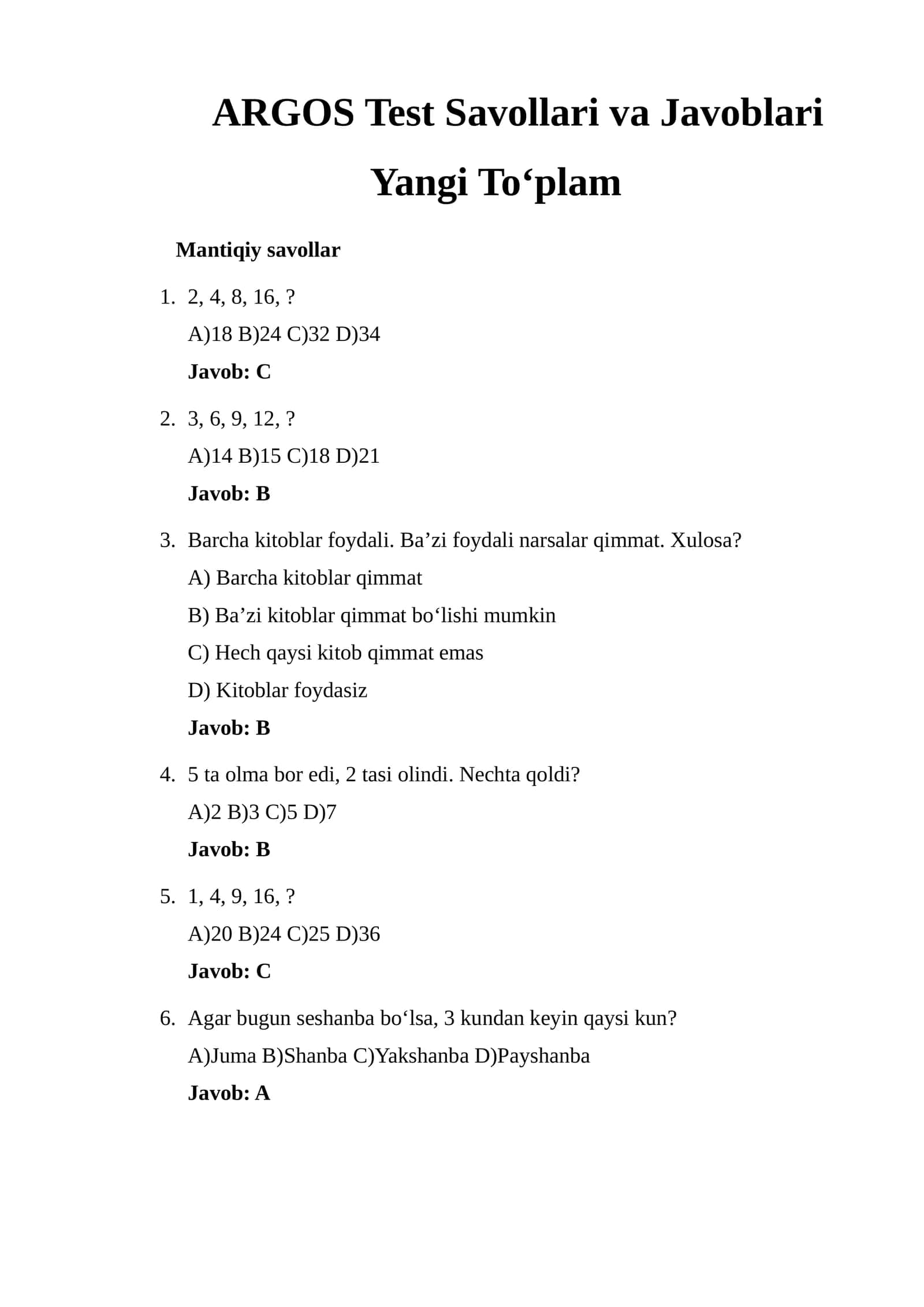 ARGOS Test Savollari va Javoblari Yangi To‘plam 1