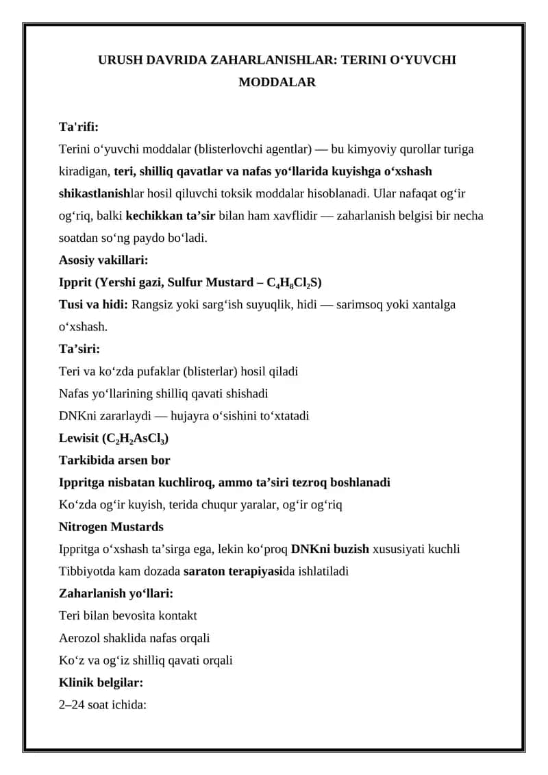URUSH DAVRIDA ZAHARLANISHLAR: TERINI O‘YUVCHI MODDALAR 1