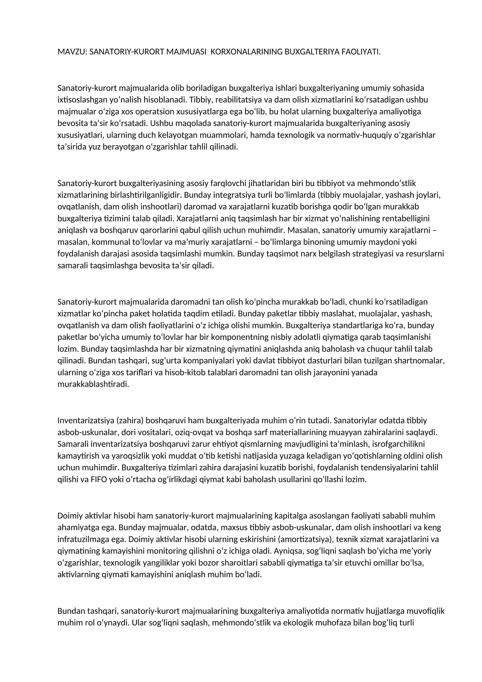 SANATORIY-KURORT MAJMUASI KORXONALARINING BUXGALTERIYA FAOLIYATI 1