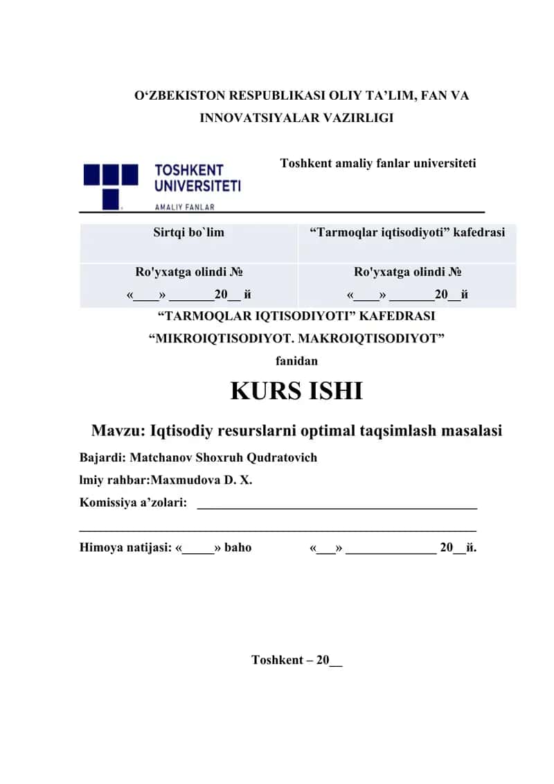 Iqtisodiy resurslarni optimal taqsimlash masalasi. 1