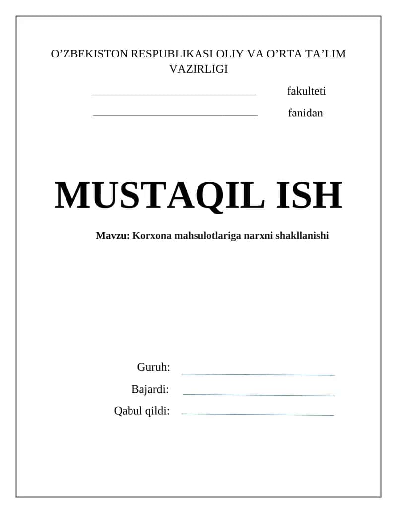 Korxona mahsulotlariga narxni shakllanishi 1