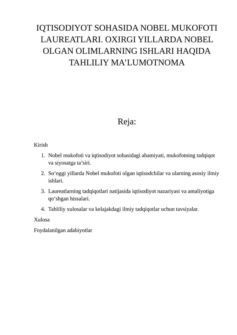 IQTISODIYOT SOHASIDA NOBEL MUKOFOTI LAUREATLARI 1