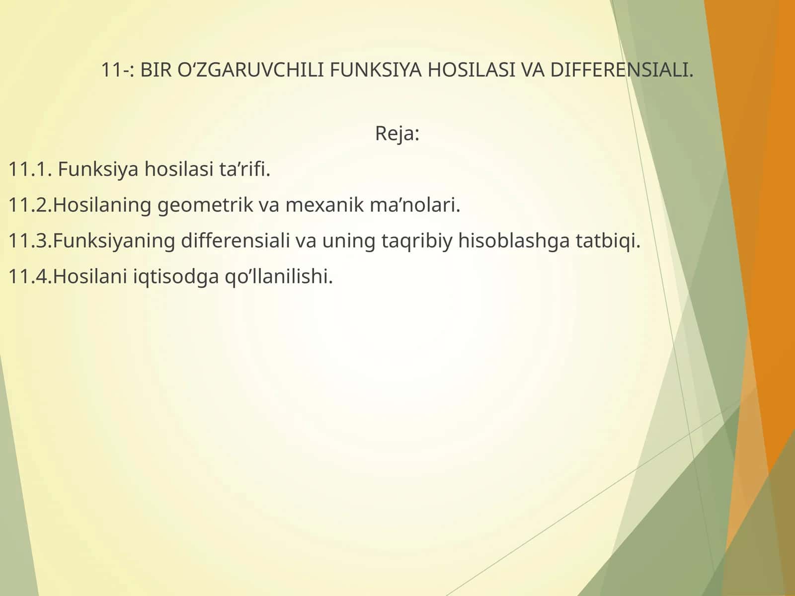 BIR О‘ZGARUVCHILI FUNKSIYA HOSILASI VA DIFFERENSIALI 1