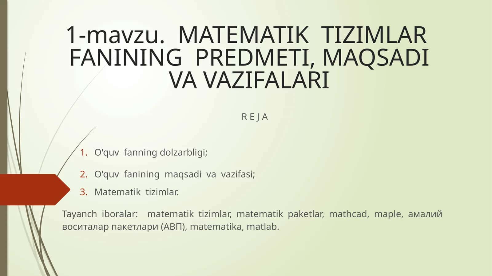 Matematik Tizimlar Fanining Predmeti, Maqsadi va Vazifalari 1