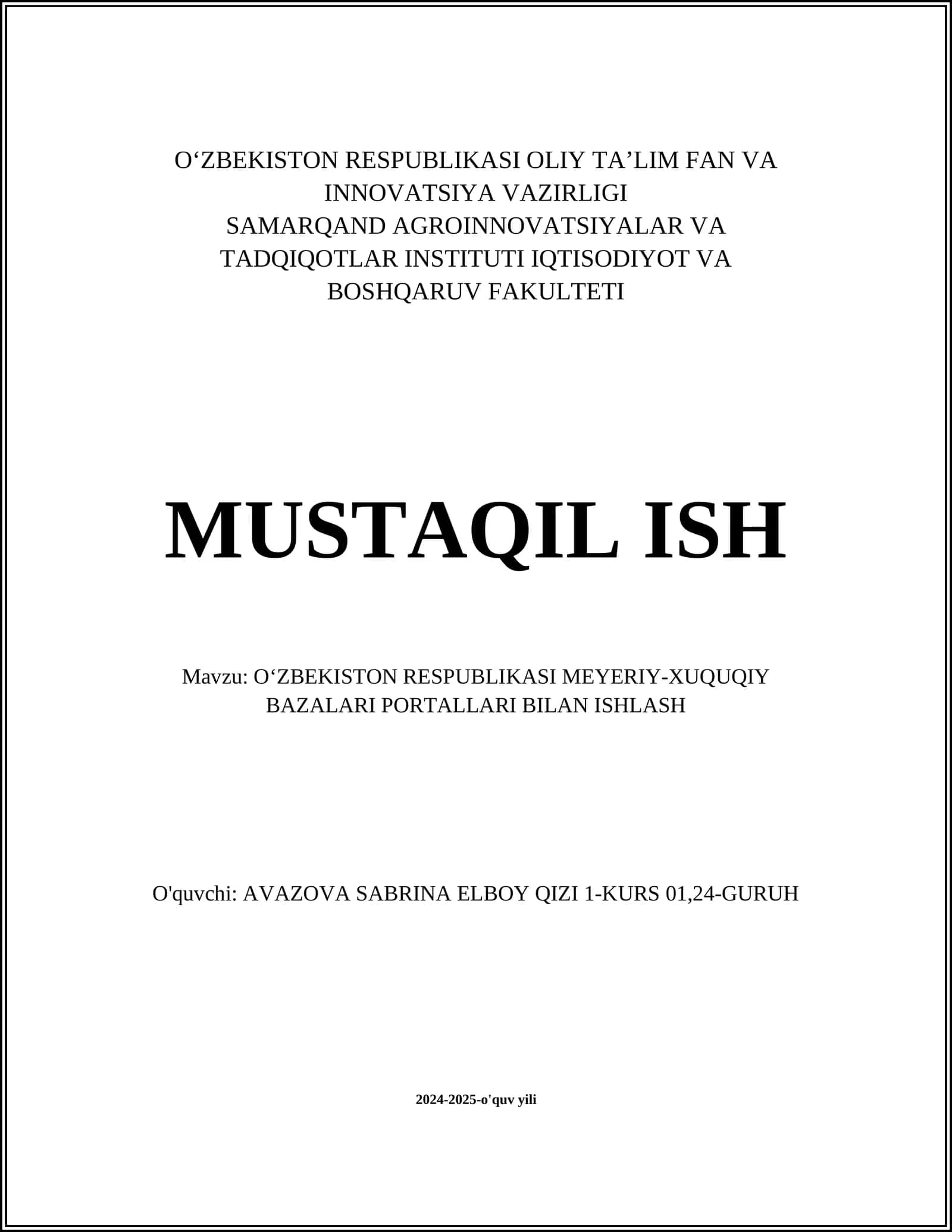 O‘ZBEKISTON RESPUBLIKASI MEYERIY-XUQUQIY BAZALARI PORTALLARI BILAN ISHLASH 1