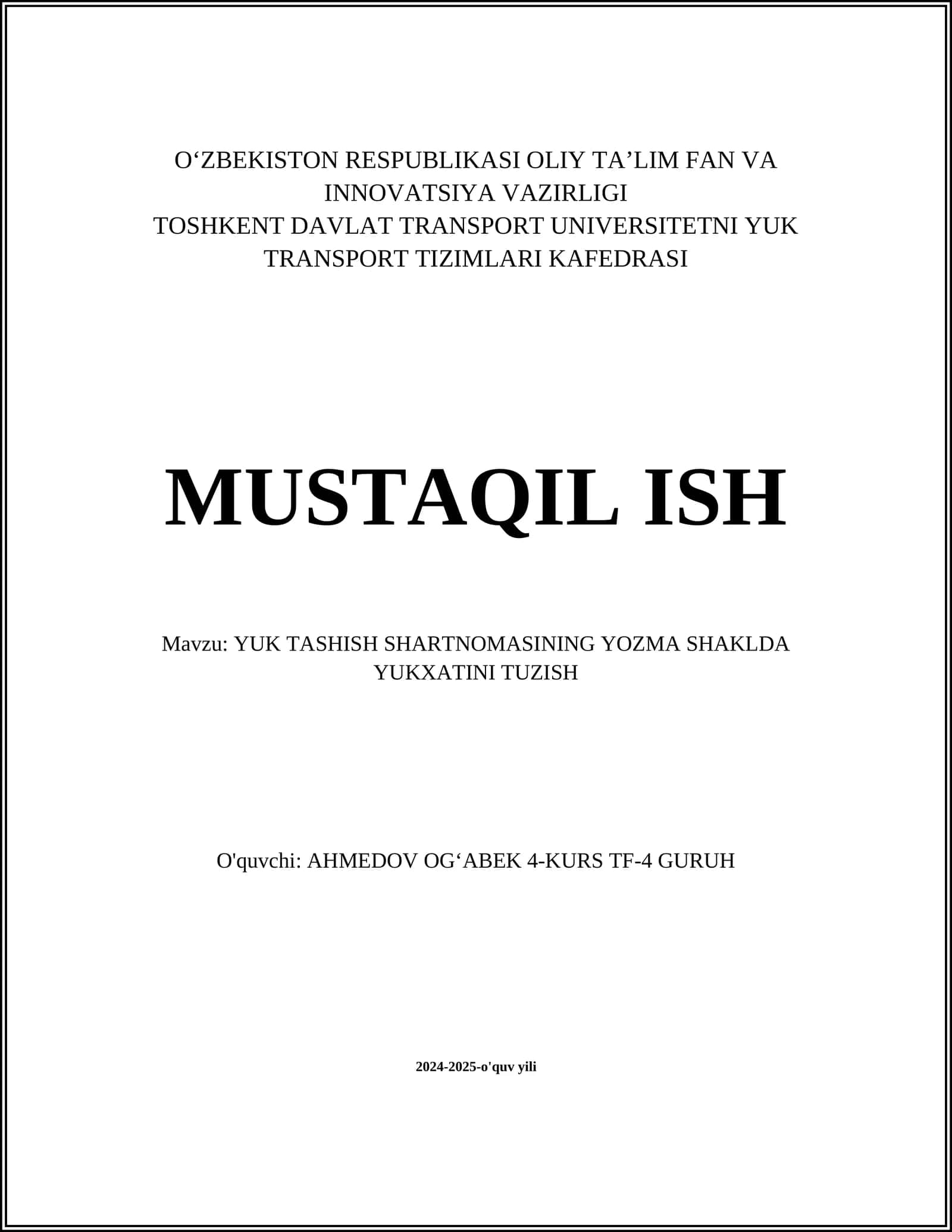 YUK TASHISH SHARTNOMASINING YOZMA SHAKLDA YUKXATINI TUZISH 1