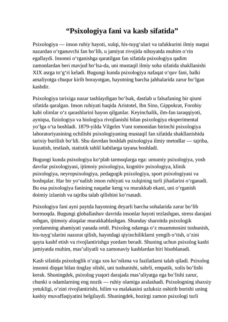 "Psixologiya fani va kasb sifatida" 1