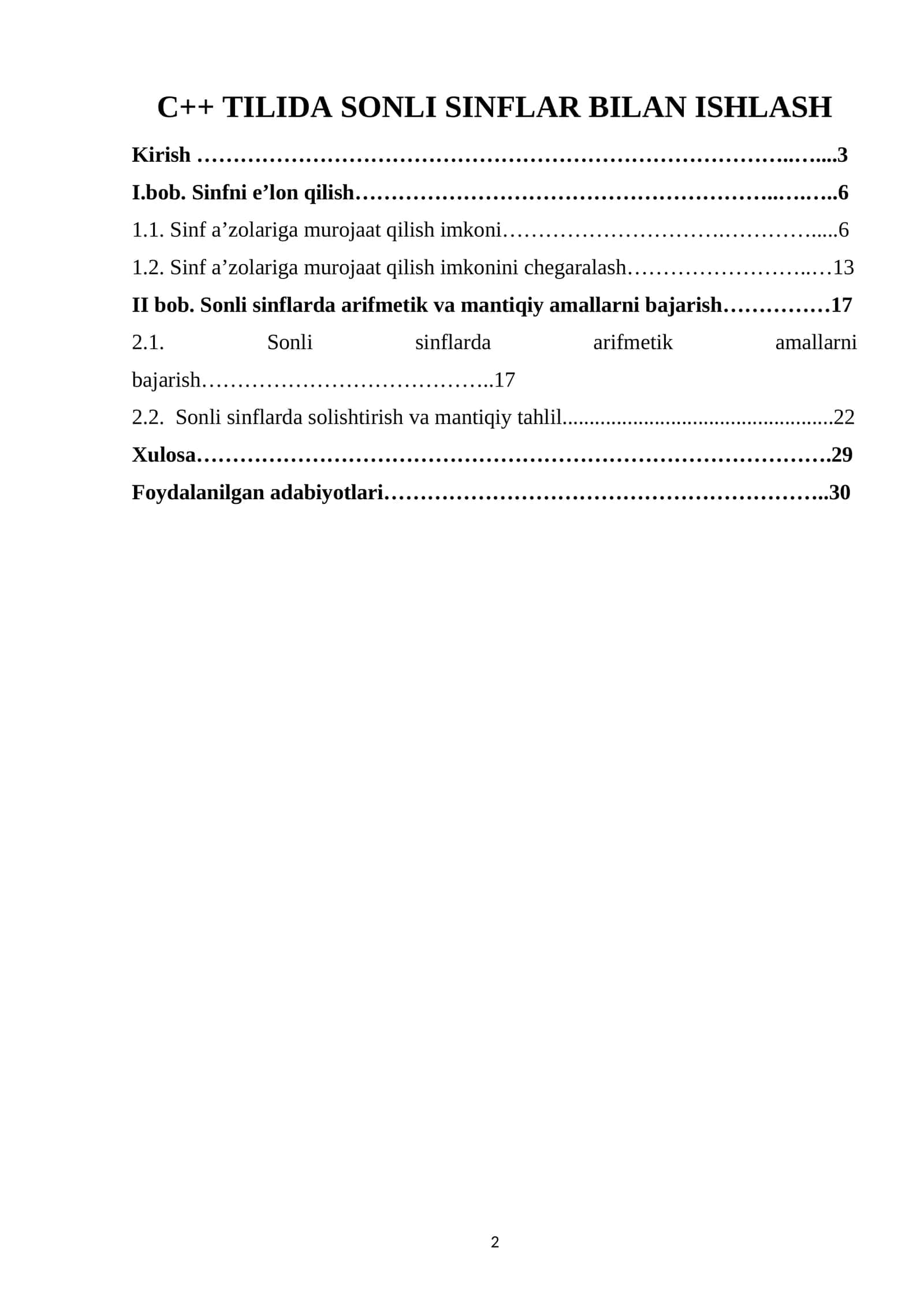 C++ TILIDA SONLI SINFLAR BILAN ISHLASH 1