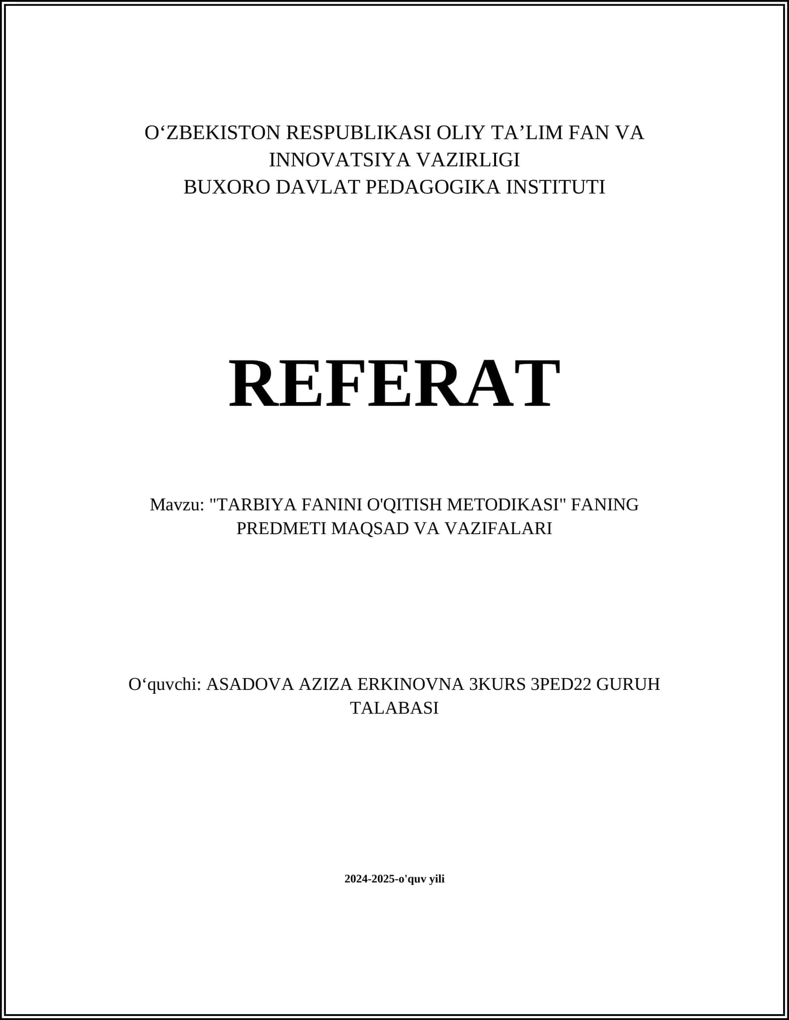 TARBIYA FANINI O'QITISH METODIKASI 1