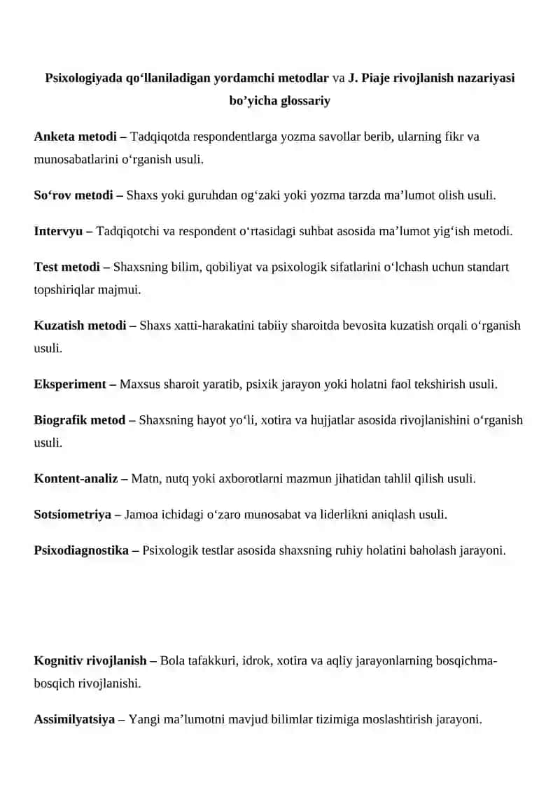 Psixologiyada qo‘llaniladigan yordamchi metodlar va J. Piaje rivojlanish nazariyasi bo’yicha glossariy