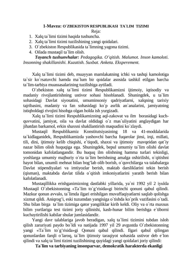 O`ZBEKISTON RESPUBLIKASI TA`LIM TIZIMI 1