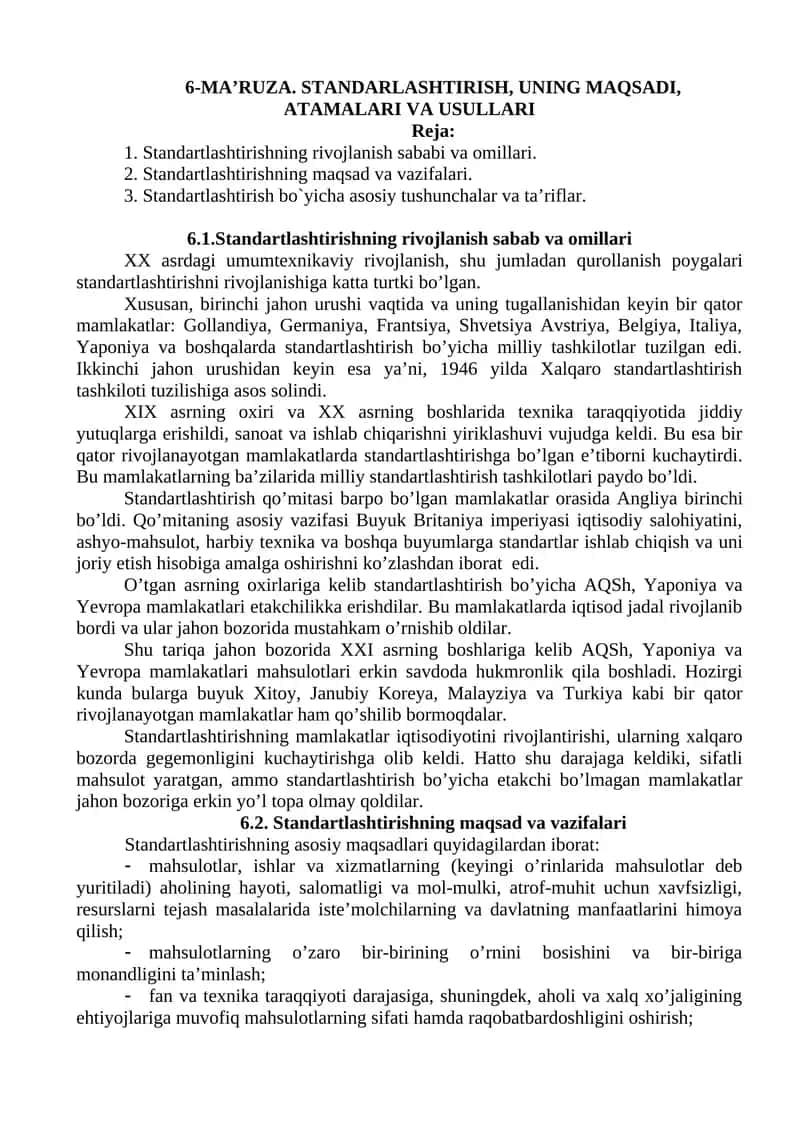 6-MA’RUZA. STANDARLASHTIRISH, UNING MAQSADI, ATAMALARI VA USULLARI 1