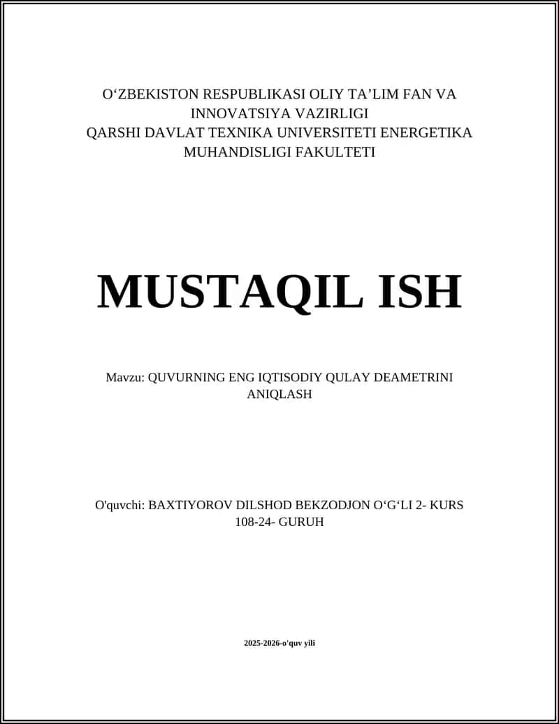 QUVURNING ENG IQTISODIY QULAY DEAMETRINI ANIQLASH 1