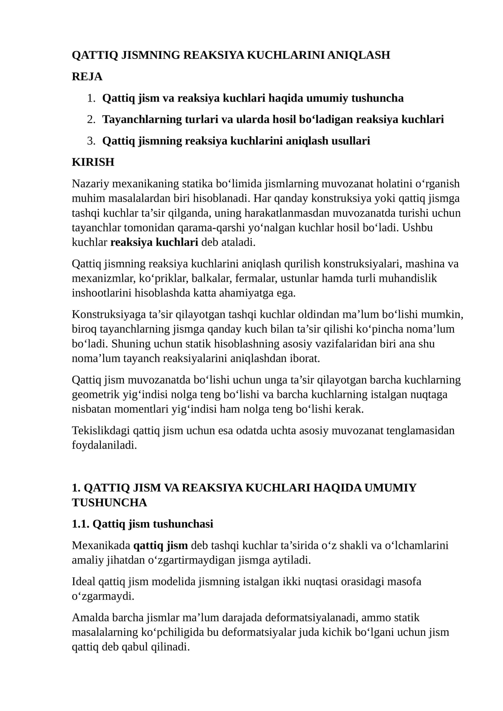 QATTIQ JISMNING REAKSIYA KUCHLARINI ANIQLASH 1
