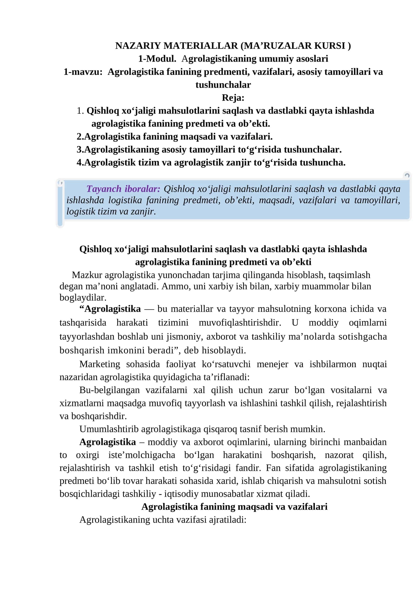 Nazariy Materiallar (Ma’ruzalar Kursi) 1