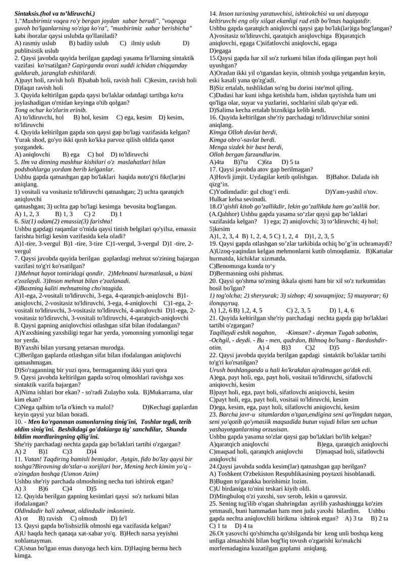 Sintaksis.(hol va to’ldiruvchi.) 1