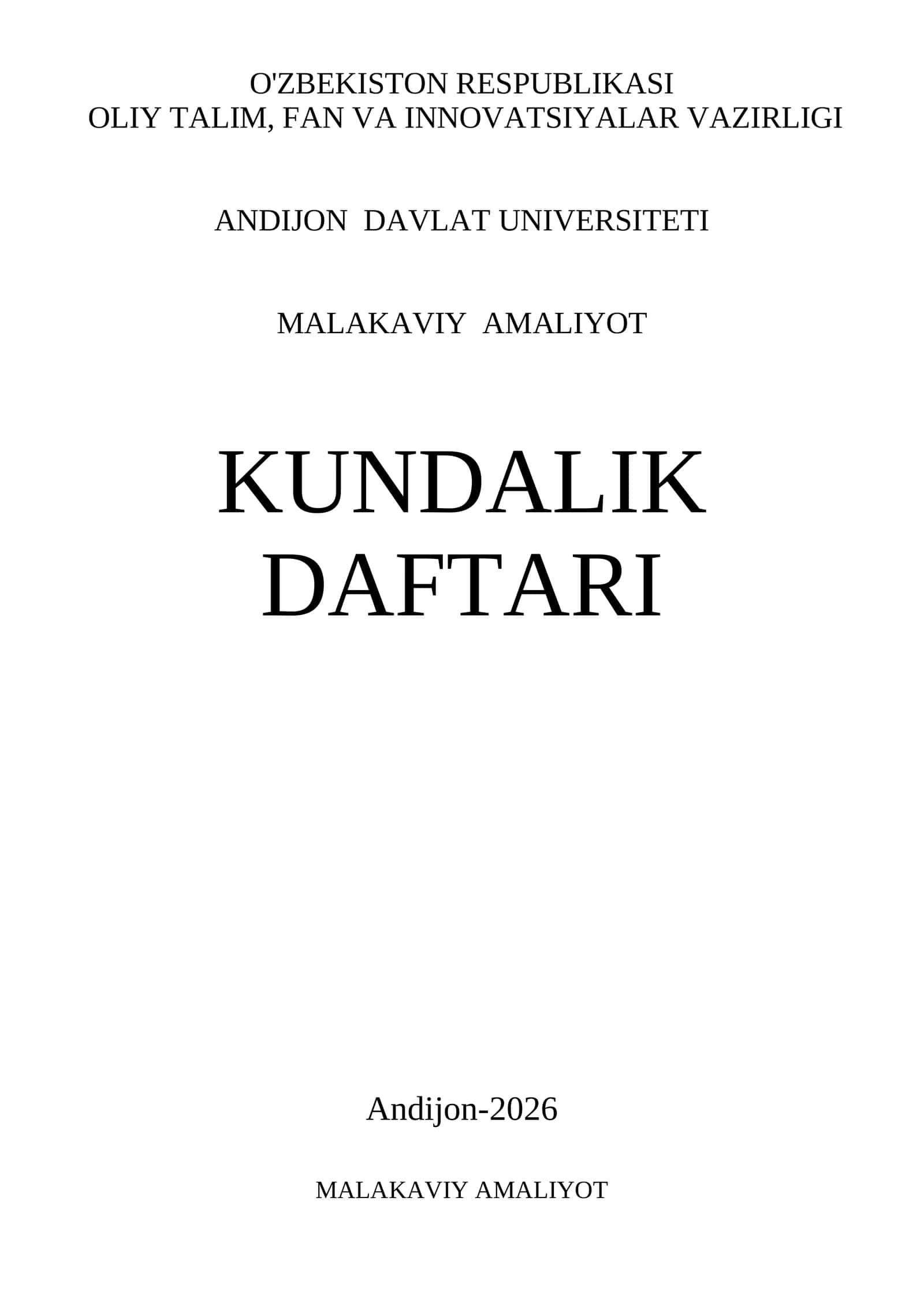 MALAKAVIY AMALIYOT KUNDALIK DAFTARI 1