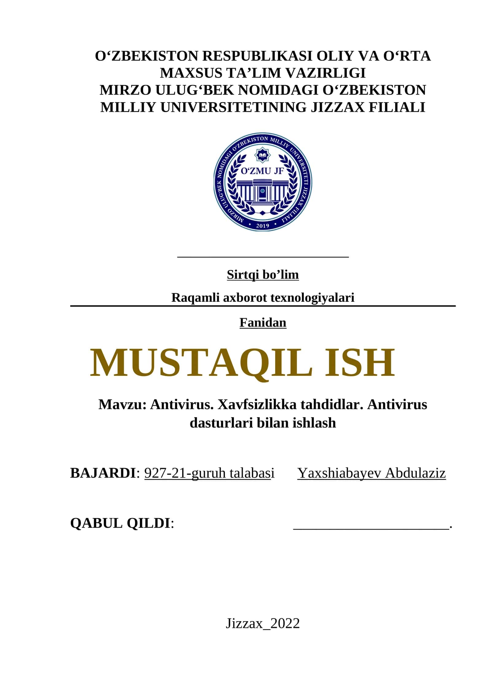 Antivirus. Xavfsizlikka tahdidlar. Antivirus dasturlari bilan ishlash 1