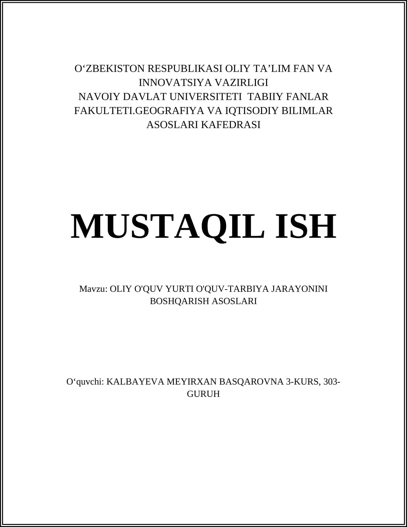 OLIY O'QUV YURTI O'QUV-TARBIYA JARAYONINI BOSHQARISH ASOSLARI 1