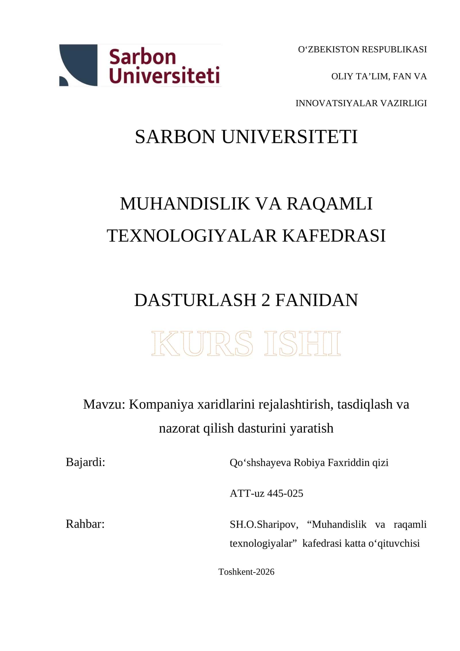 Dasturlash 2 Fanidan Kurs Ishi 1