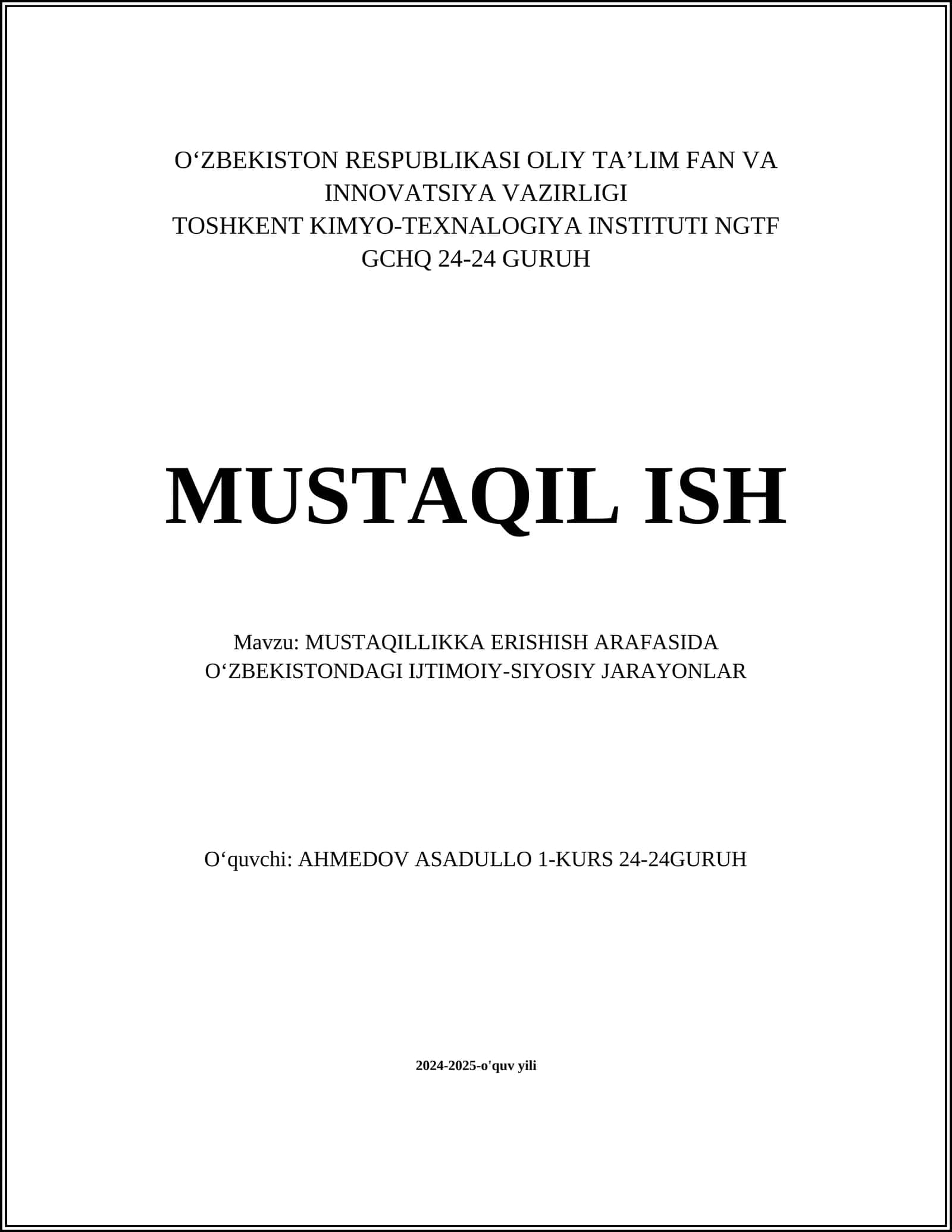 MUSTAQILLIKKA ERISHISH ARAFASIDA OʻZBEKISTONDAGI IJTIMOIY-SIYOSIY JARAYONLAR 1