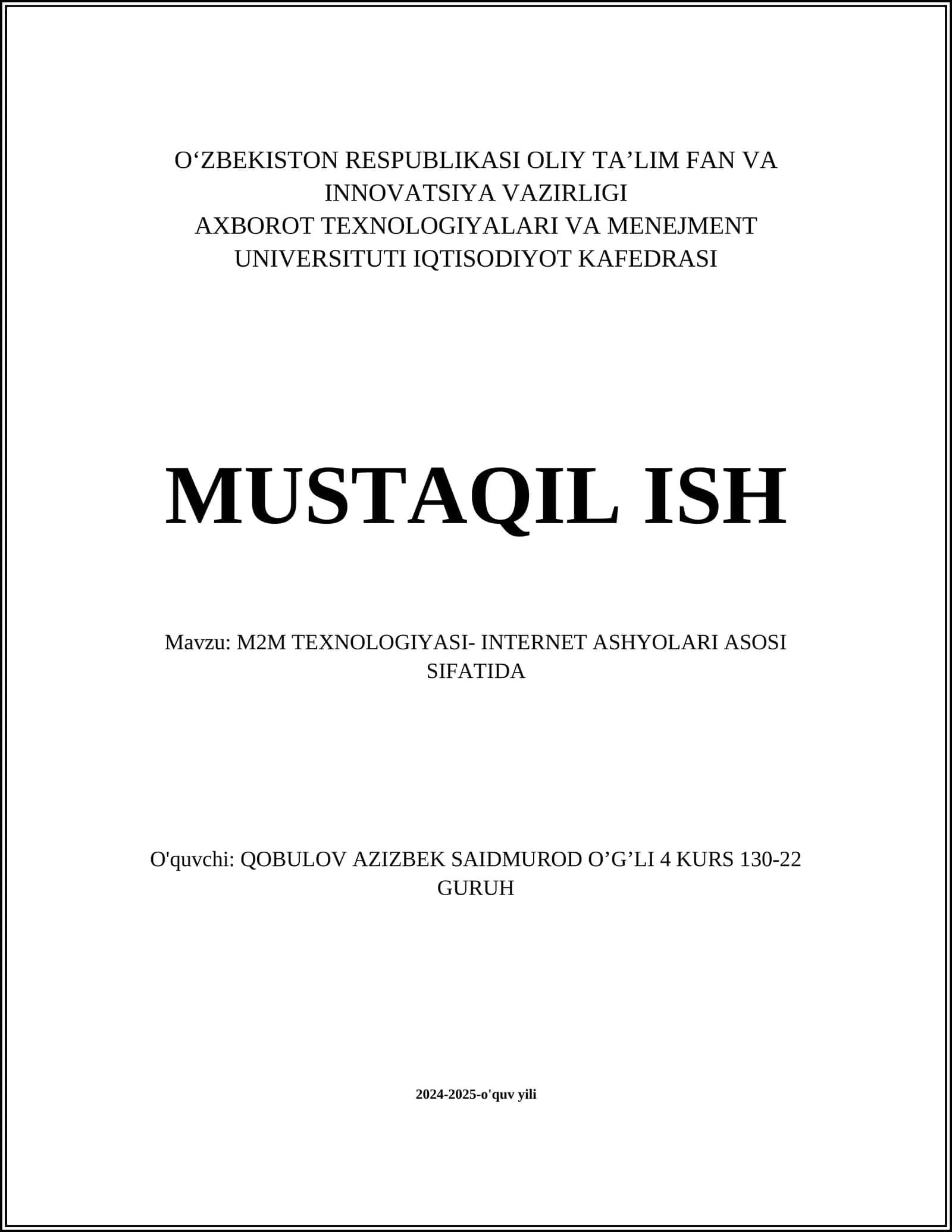 M2M TEXNOLOGIYASI- INTERNET ASHYOLARI ASOSI SIFATIDA 1