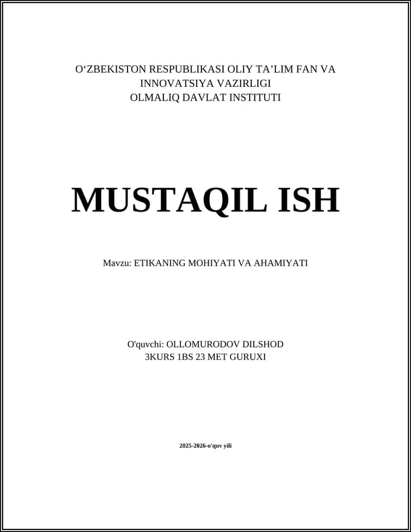 ETIKANING MOHIYATI VA AHAMIYATI 1