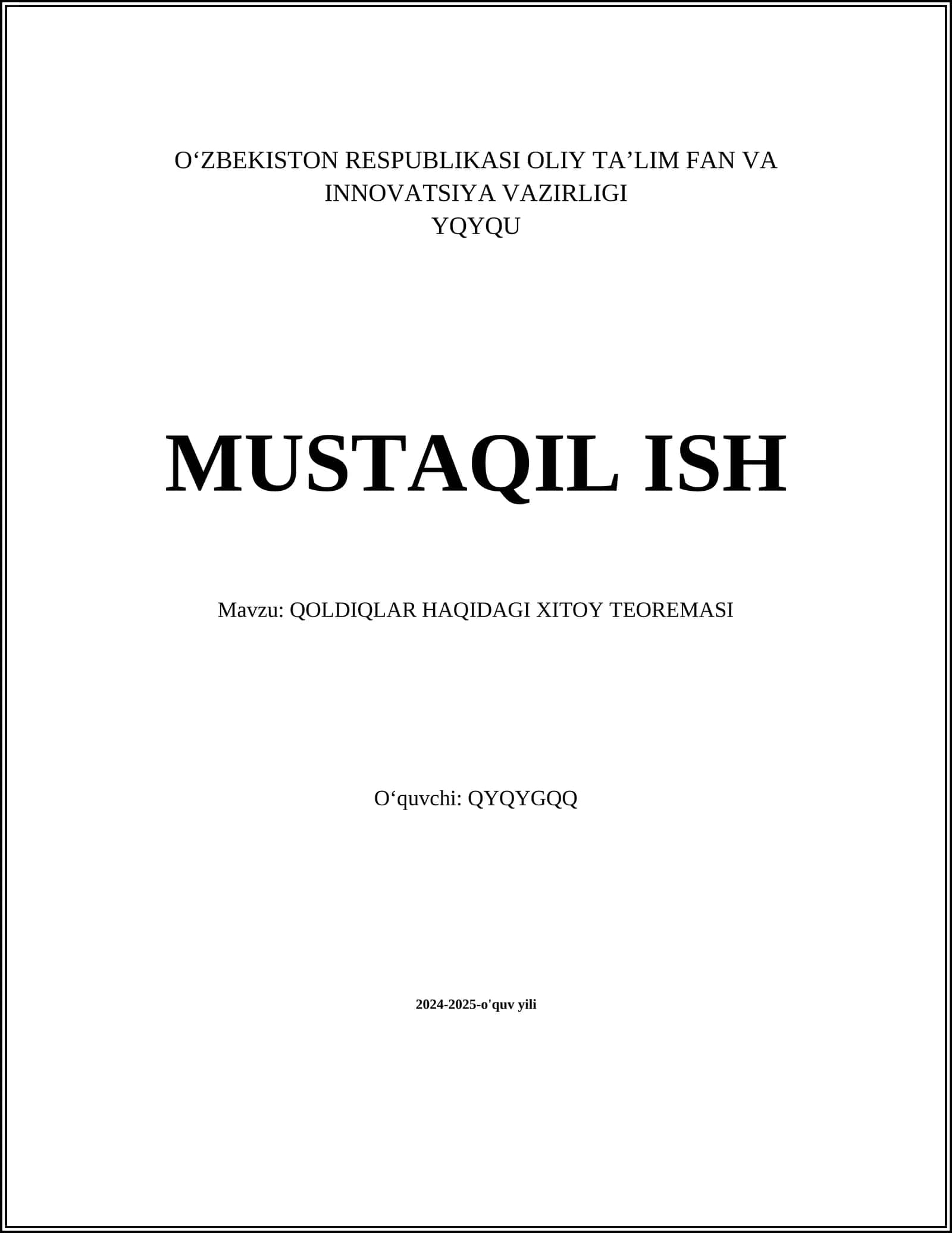 QOLDIQLAR HAQIDAGI XITOY TEOREMASI 1