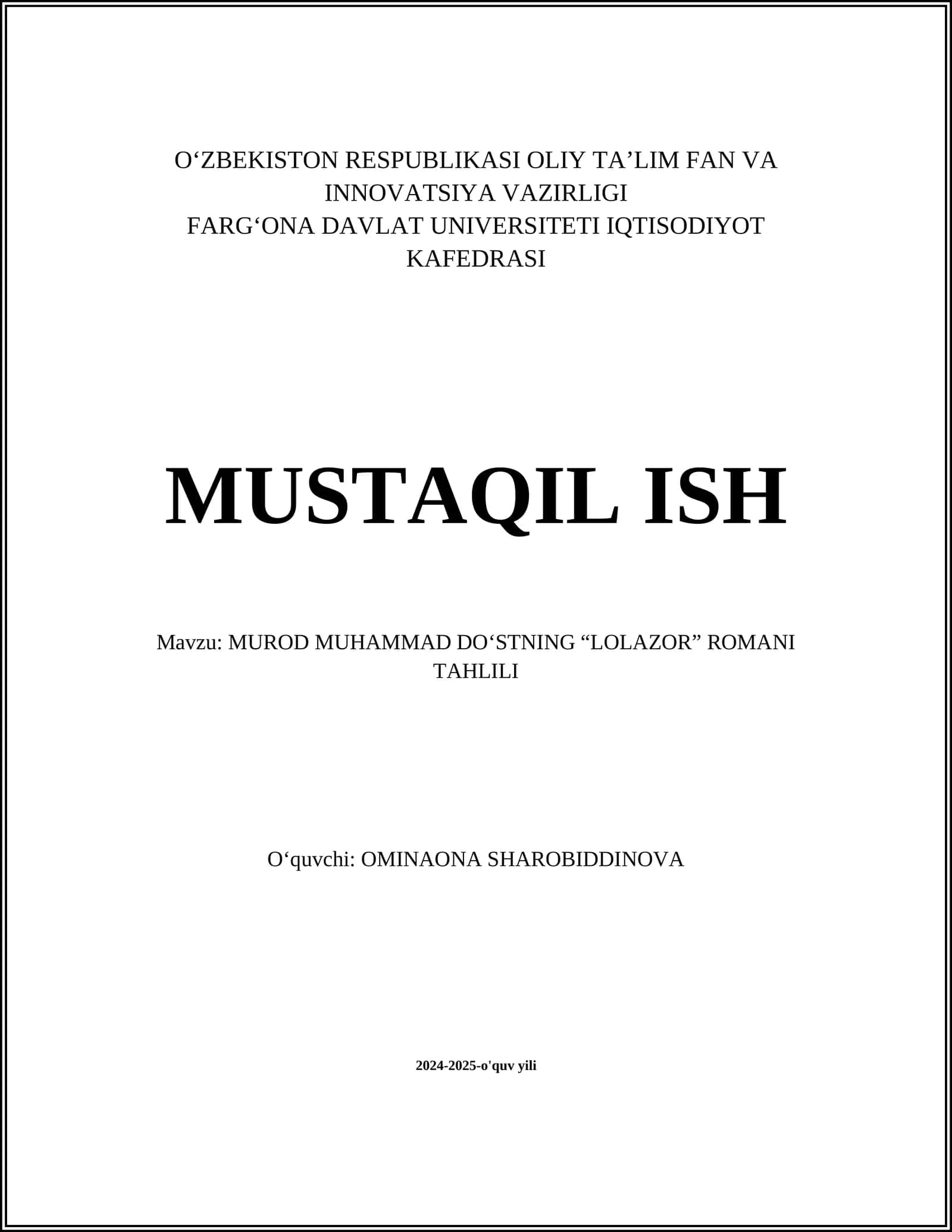 MUROD MUHAMMAD DO‘STNING “LOLAZOR” ROMANI TAHLILI 1