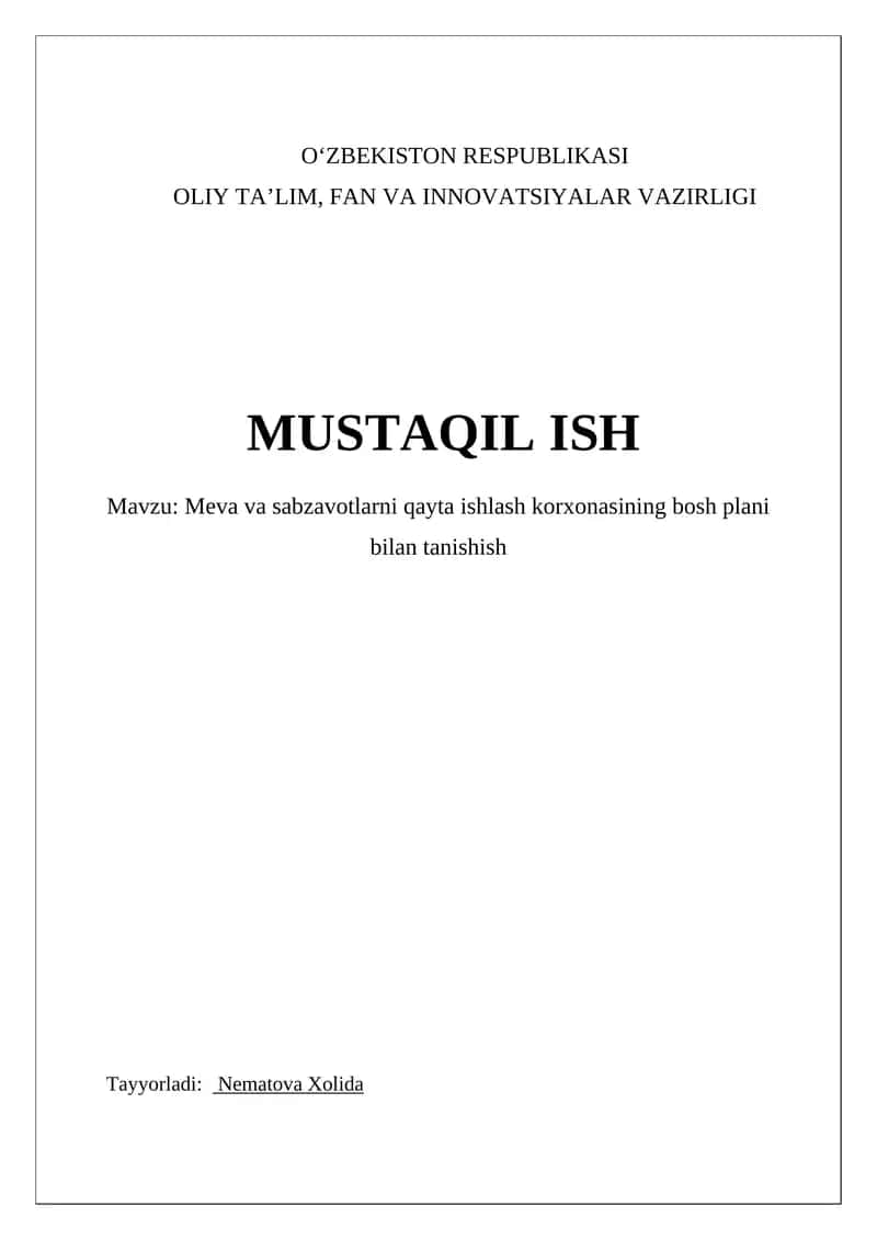 Meva va sabzavotlarni qayta ishlash korxonasining bosh plani 1