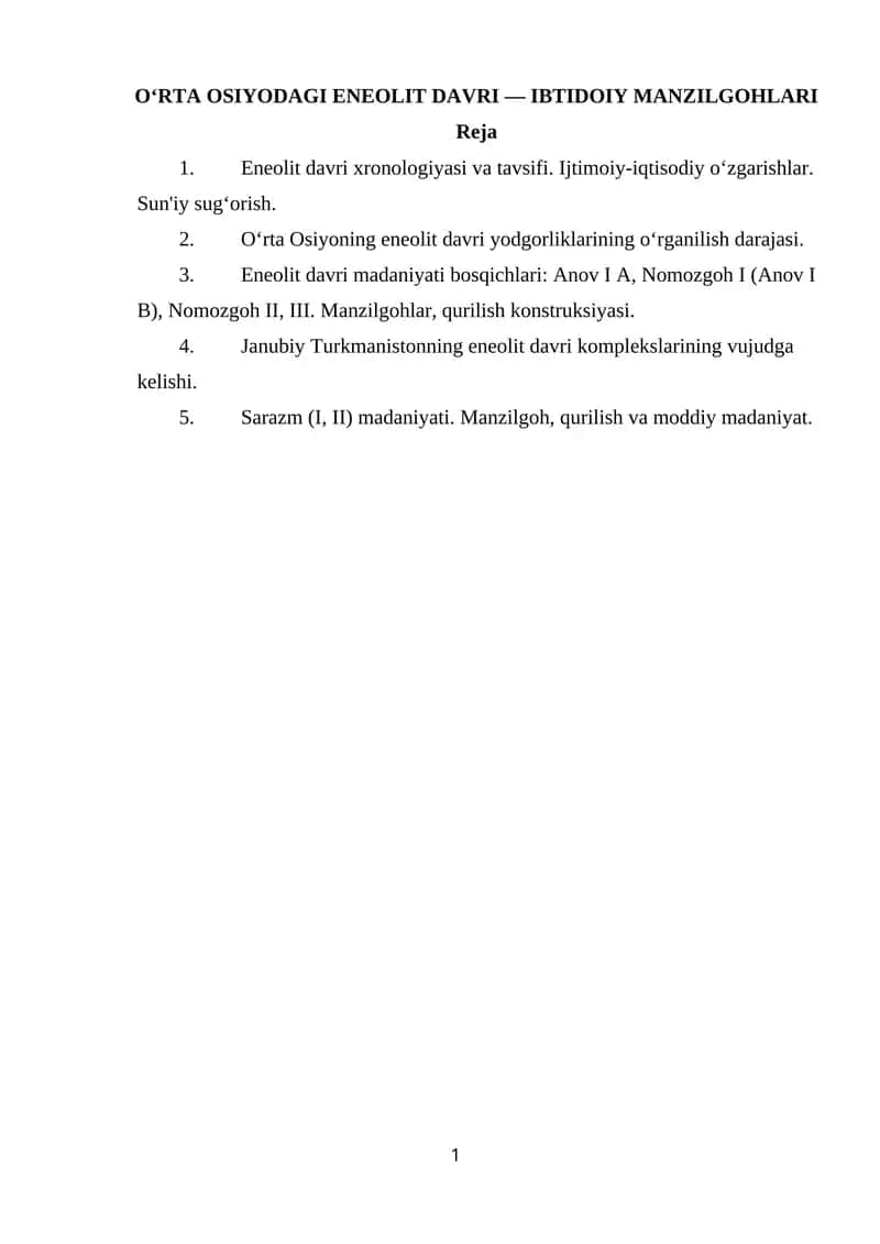 Oʻrta Osiyodagi eneolit davri — ibtidoiy manzilgohlari 1