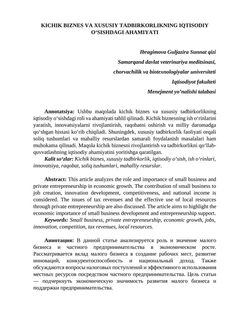 Kichik biznes va xususiy tadbirkorlikning iqtisodiy o‘sishdagi ahamiyati 1