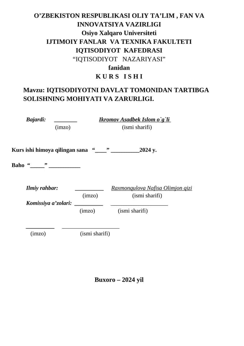 IQTISODIYOTNI DAVLAT TOMONIDAN TARTIBGA SOLISHNING MOHIYATI VA ZARURLIGI 1