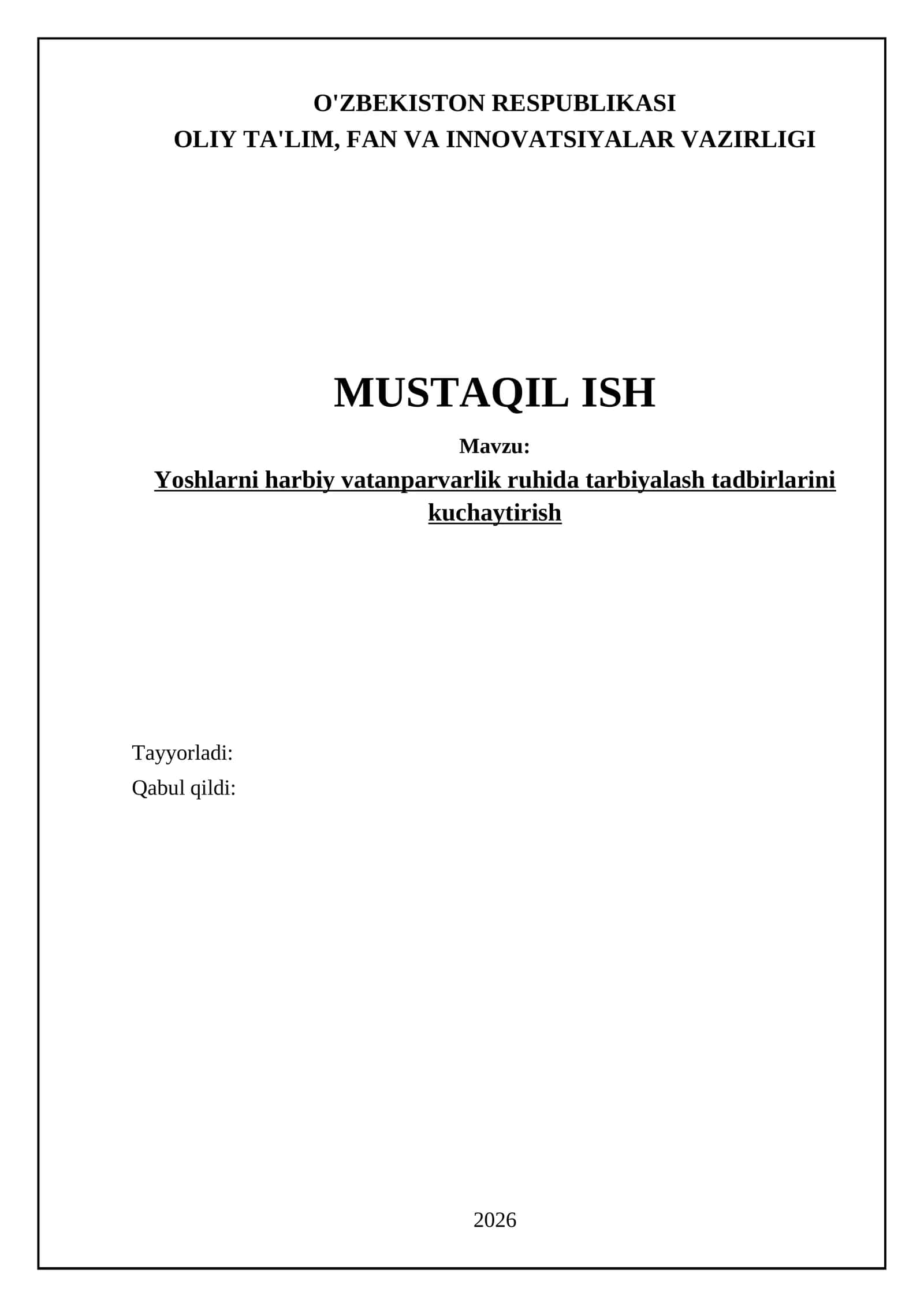 Yoshlarni harbiy vatanparvarlik ruhida tarbiyalash tadbirlarini kuchaytirish 1