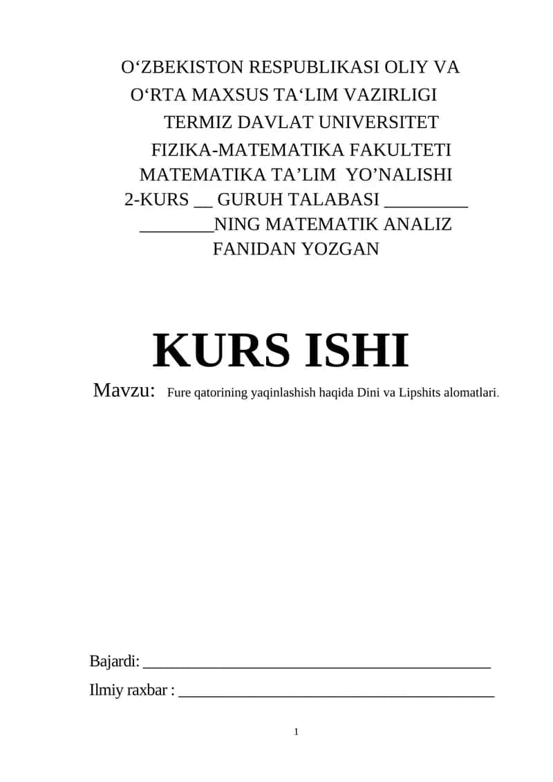 Fure qatorining yaqinlashish haqida Dini va Lipshits alomatlari 1